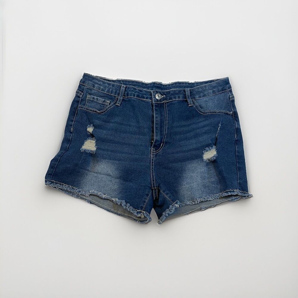 Womens Size XXL Medium Wash Distressed Raw Hem Denim Shorts Stretch Jean Shorts